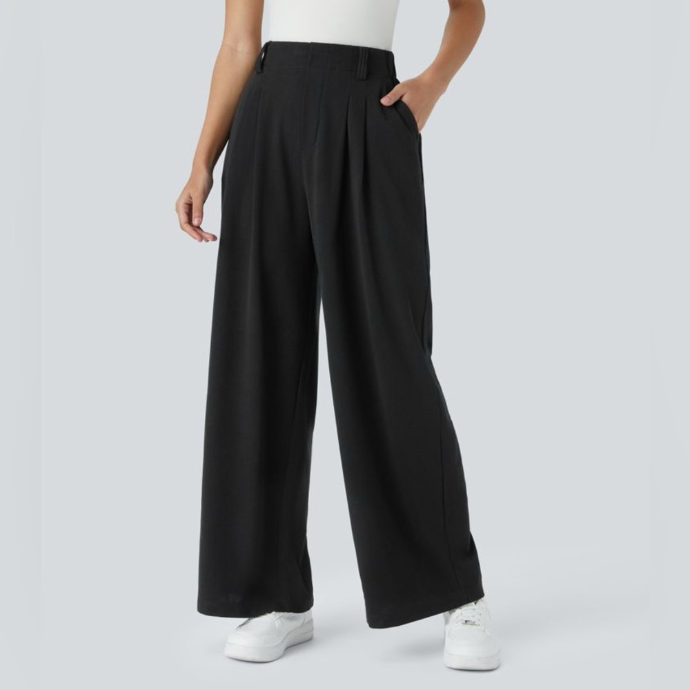 HALARA Black Wide-Leg Waffle High-Rise Trousers